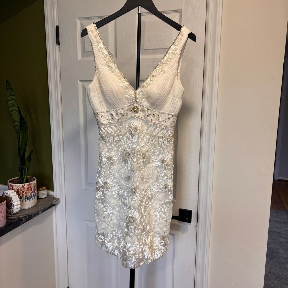 Sue Wong Nocturne Dress Sz 4 Ivory Beaded Sequin Floral Lace V Neck Cocktail - Picture 2 of 12